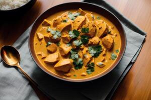 Curry with chicken and vegetables in a bowl on a wooden table. Gumbo. Vegetable soup. Seafood soup photo