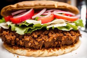 A plate with doner kebab on a wooden table. shish kabob, meat sticks. photo