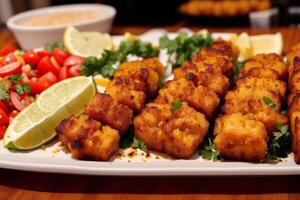 A plate with doner kebab on a wooden table. shish kabob, meat sticks. photo