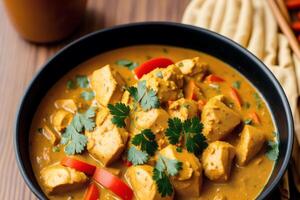 Curry with chicken and vegetables in a bowl on a wooden table. Gumbo. Vegetable soup. Seafood soup photo