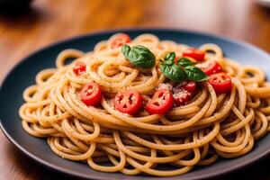 Spaghetti pasta with parmesan cheese and parsley on a plate. photo