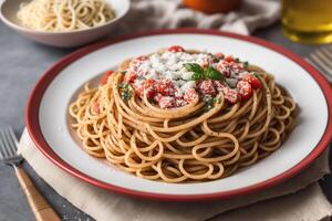Spaghetti pasta with parmesan cheese and parsley on a plate. photo