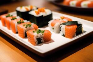 japanese cuisine. sushi and rolls on the table in the restaurant. photo