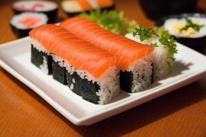 japonés cocina. Sushi y rollos en el mesa en el restaurante. generativo ai foto