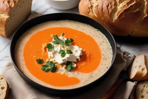 Pumpkin soup with cream and parsley. Creamy tomato soup. Chicken noodle soup. photo