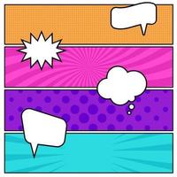 Colorful comic book page background in pop art style with empty speech bubbles. Template with rays and dots pattern. Vector illustration