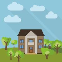 Lone two-storey house in a field with an green tree. Vector illustration.