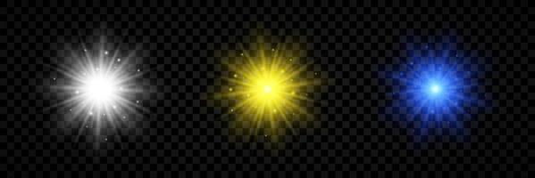 Light effect of lens flares. Set of three white, yellow and blue glowing lights starburst effects with sparkles vector