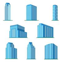 Set of eight modern high-rise building on a white background. View of the building from the bottom. Isometric vector illustration.