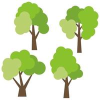 Set of four different cartoon green trees isolated on white background. Vector illustration