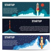 Startup rocket ship launch horizontal banners set. Vector illustration.