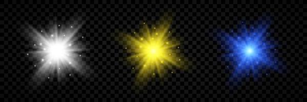 Light effect of lens flares. Set of three white, yellow and blue glowing lights starburst effects with sparkles vector