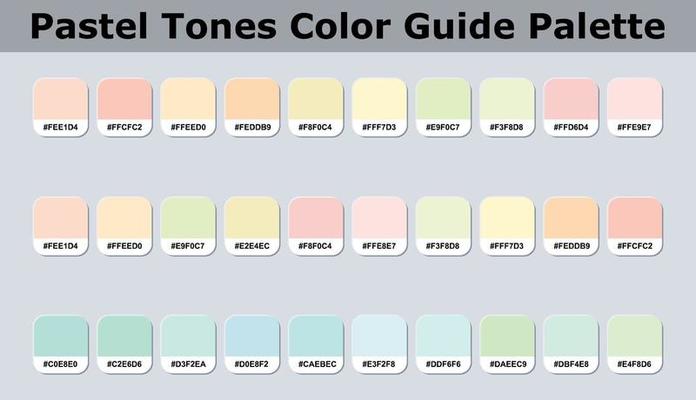 Set Of Pastel Tones Color Palette Catalog Sample With RGB HEX Codes Isolated In Groups For Ui Design, Fashion, Interior And Website Designing. Vector Graphics