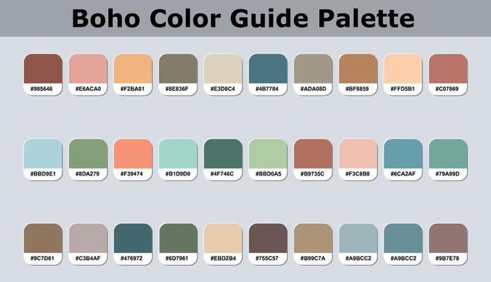 Set Of Boho Color Palette Catalog Sample With RGB HEX Codes Isolated In Groups For Ui Design, Fashion Interior And Website Designing Vector Graphics