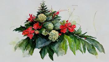 Amazing New year arrangement with poinsettia flower, ilex, fir branch with cones for design. photo