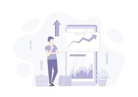 Financial illustration. Characters investing money in stock market. People examining financial graphs, charts and diagrams. Stock trading concept. Vector illustration.