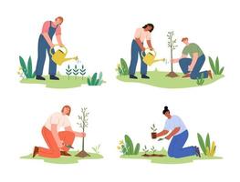 Set of diverse people gardening, plant trees. World Environment Day. Earth day. Reforestation, care about nature. People activities, lifestyle, hobby concept. Flat vector illustration