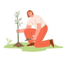 mujer siembra árbol en el parque. repoblación forestal, cuidado acerca de naturaleza. personas actividades, estilo de vida, pasatiempo concepto. voluntario jardinería planta. verano al aire libre obras. tierra día. plano vector ilustración