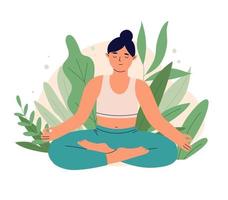 mujer con cruzado piernas practicas yoga en naturaleza. relajación y armonía. mental bienestar y yo cuidado. yoga día celebracion. plano vector ilustración