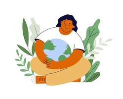 Environment protection, sustainability concept. Save the planet. Woman hugs planet with love. Nature care. Flat vector illustration