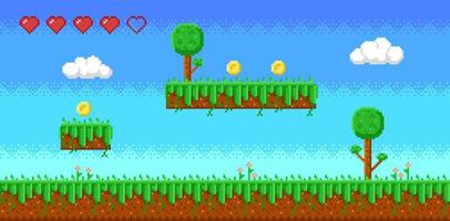 Old video game. Retro background. Vector illustration in pixel style.