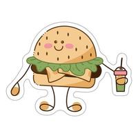 Sticker with cute burger character. Cartoon vector color illustration.