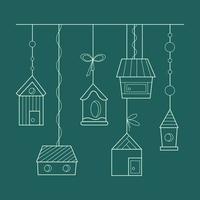 Set of 6 birdhouses hanging on strings. Doodle vector color illustration.