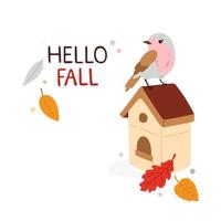 autumn print with bird on birdhouse and leaves vector