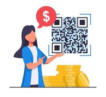 Online payment. The woman points to a QR code to pay for the payment, gold coins next to it vector