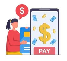 Online payment. Woman pays with credit card vector