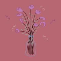 Still life hand drawn abstract flowers in a see through bottle vase with leaf and butterfly around vector illustration