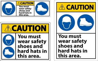 Caution Sign, You Must Wear Safety Shoes And Hard Hats In This Area vector