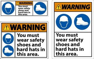 Warning Sign, You Must Wear Safety Shoes And Hard Hats In This Area vector