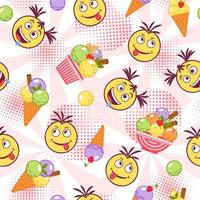 Funny pattern with ice cream, crazy emoji kids, round halftone shapes, radial background. Simple minimal style. For prints, clothing, surface design vector