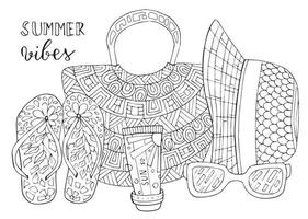 Hand drawn coloring page for kids and adults. Summer beach, flip flops, hat, bag, cream, sunglasses. Beautiful drawing with patterns and small details. Coloring book pictures. Vector