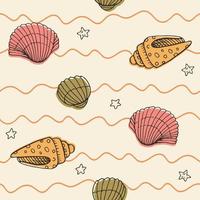 Vector seamless pattern with hand drawn scallop seashells, sea elements and stars. Beautiful marine design, perfect for prints and patterns, textile, fabric, children background