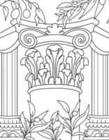 Ancient Greece Coloring page. Hand illustrations, plaster antique statues, Corinthian column, pillar. Drawings for poster. Beautiful drawing with patterns and small details. Coloring book picture vector