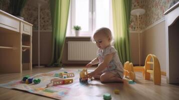 ai generativo linda pequeño niños jugando con juguetes en el habitación ai generado obra de arte foto