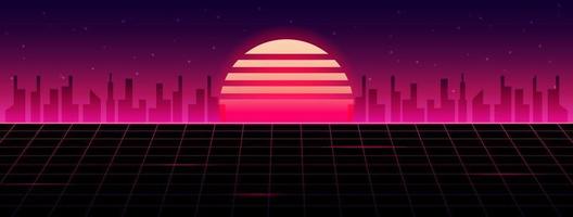 Background in cyberpunk style. Neon vector color design, future city sunset.