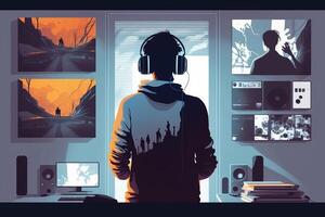 Illustration of a person listening to music or podcasts on the internet. photo