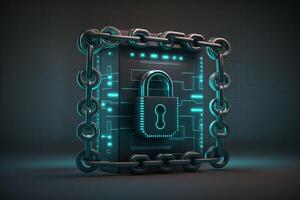 Illustration of a digital screen displaying a lock icon and an unbreakable chain, symbolizing the strength and durability of the security measures. photo