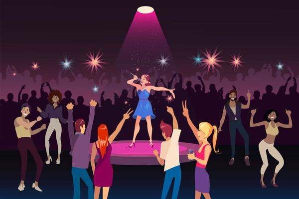 Concert performance, disco party with modern music, nightlife youth event concept