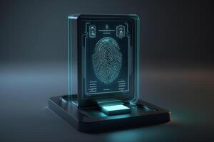 un digital pantalla con un huella dactilar escáner, indicando biométrico seguridad medidas a acceso el sistema. ai generado foto