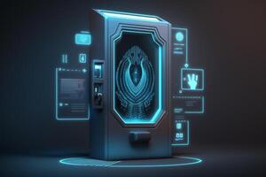 a digital screen with a fingerprint scanner, indicating biometric security measures to access the system. photo