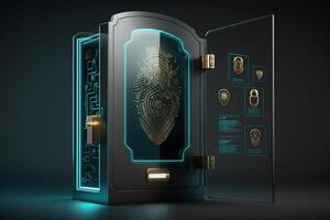 a digital screen with a fingerprint scanner, indicating biometric security measures to access the system. photo