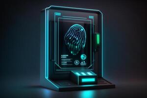 a digital screen with a fingerprint scanner, indicating biometric security measures to access the system. photo