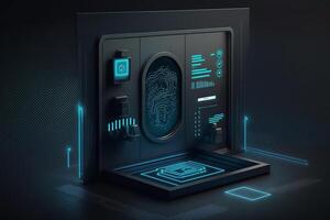 a digital screen with a fingerprint scanner, indicating biometric security measures to access the system. photo