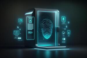 a digital screen with a fingerprint scanner, indicating biometric security measures to access the system. photo