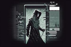 Illustration of a hacker attempting to break into a digital system with a lock icon on the screen, and a warning message appearing as the system detects the breach. photo