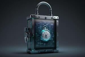 Illustration of a padlock on a digital screen, symbolizing secure and encrypted data. photo